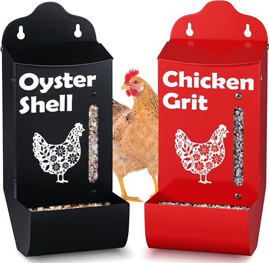 Chicken Coop Accessories Oyster Shell Feeder & Chicken Grit Feeder Set, No-Waste All‑Weather Thick‑Wall Design, Lift-Off Wall-Mounted Gravity Dispenser w/Rain Lid, Chickens Gifts for Chickens Lovers
