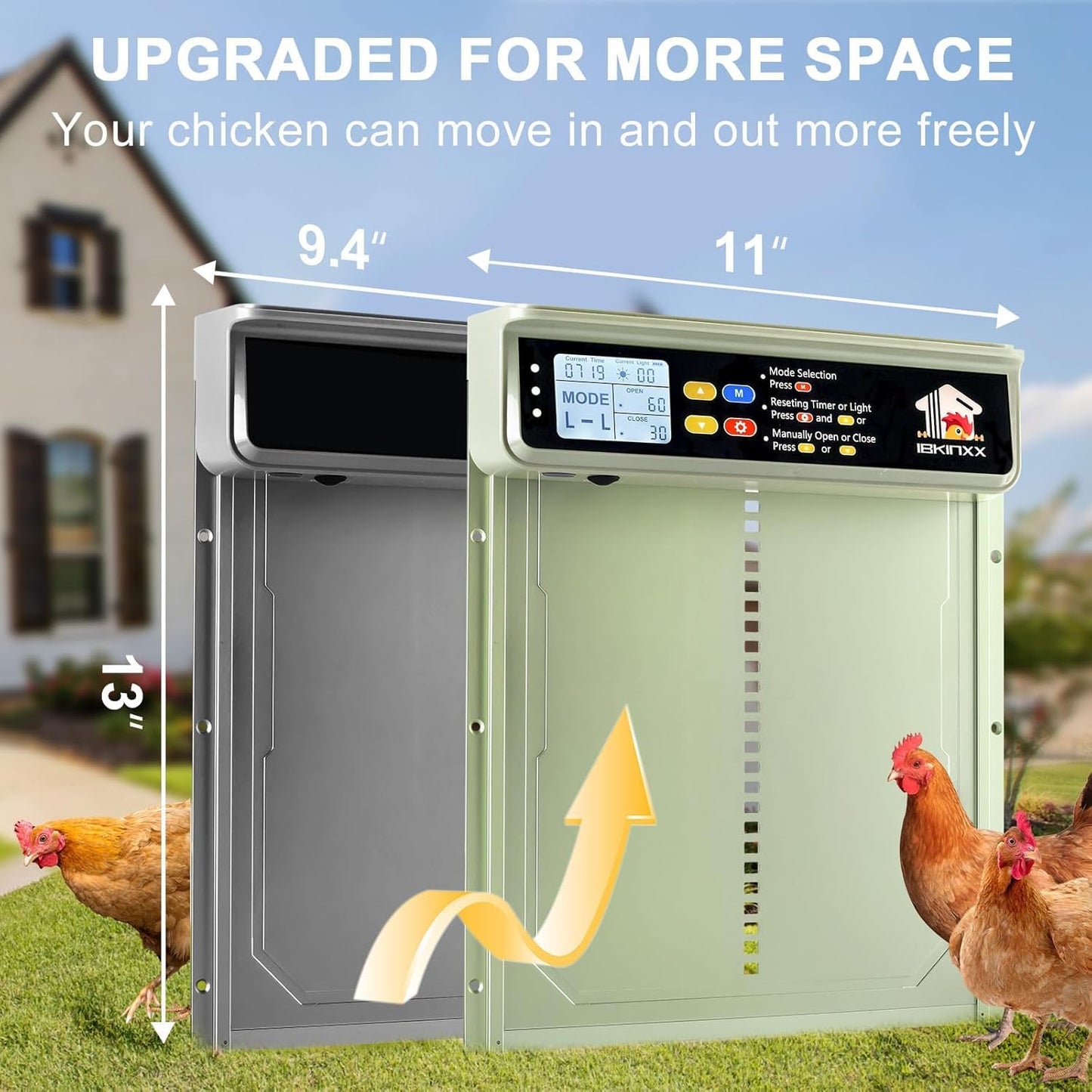 Automatic Chicken Coop Door Solar Powered with Timer, Light Sensor, Remote Control, LCD Display, Aluminum Alloy 4 Auto Modes Wide Chicken House Door, Anti-Pinch, Weatherproof, USB Backup, Green