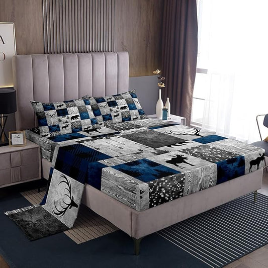 Rustic Bear Sheet Set Twin,Deer Antlers Moose Bed Sheets for Kids Boys Girls,Woodland Hunting Animal Bedding Set Bedroom Decor,Vintage Jungle Animal Patchwork Fitted Sheet + Flat Sheet + 1 Pillowcase