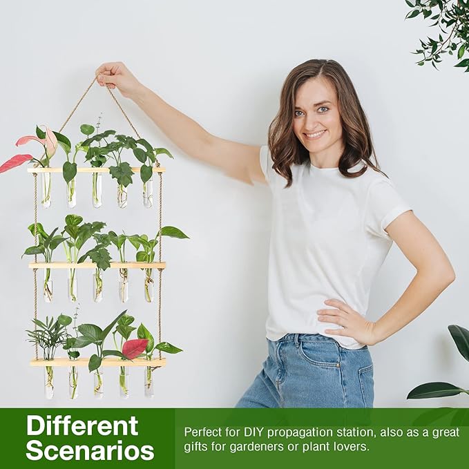 XXXFLOWER Wall Hanging Propagation Station with Wooden Stand 5 Glass Test Tubes 3 Tiered Planters Wall Terrarium for Home Office Plant Hanger Flower Vases Wall Decor Hydroponic Cuttings