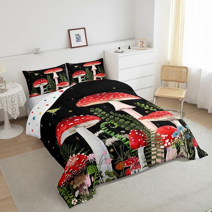 Castle Fairy Red Mushroom Girls Comforter Set Full Size,Magical Plant Snail Duvet Sets Teens Bedroom Decor,Jungle Botanical Brushed Microfiber Soft Bedding Comforter