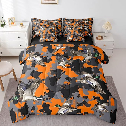 jejeloiu Orange Mallard Duck Comforter Set with Sheets Full Size Kids Wild Duck Hunting Bed in a Bag for Boys Camouflage Camo Military Style Hunting Wild Animal 7 Pieces Bedding Set Soft Room Decor