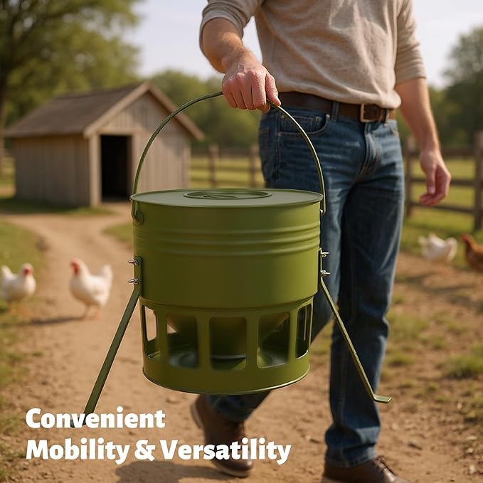 Metal Chicken Feeder - 20lbs Ground Poultry Feeder with 12 Ports, Powder Coated Rust-Proof Design & Smooth Edges for Safe Feeding (Avocado Green, 20lbs)