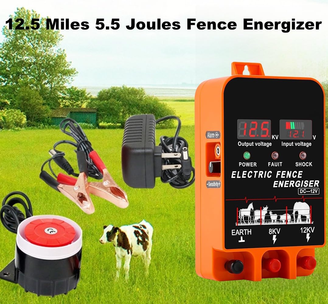 Electric Fence Energizer, 5.5 Joules 200 Acres Electric Fence Charger, AC & DC Power Supply, Output 8KV 12KV for Cattle Cow Horse Goat Pig Livestock, with Alarm and Remote
