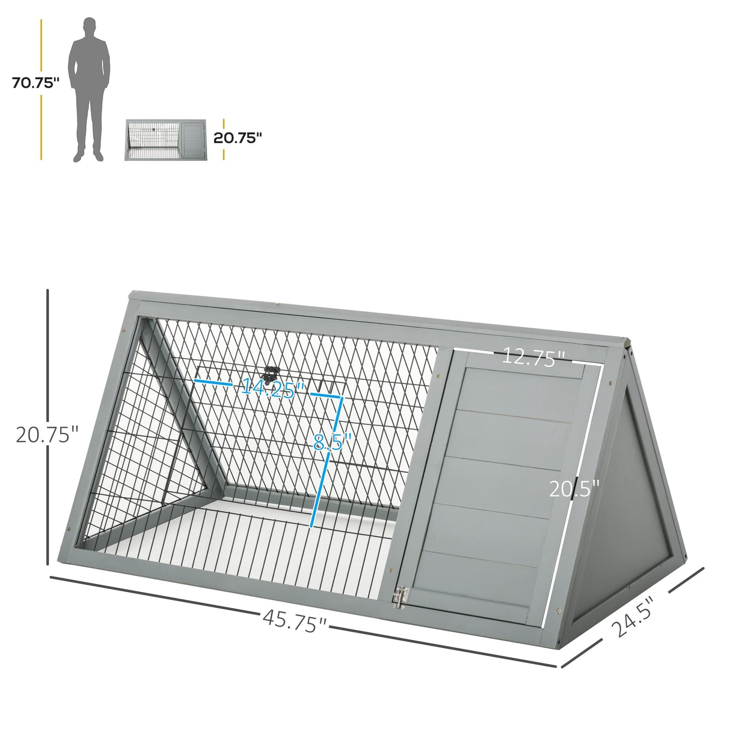 PawHut 46" x 24" Wooden A-Frame Outdoor Rabbit Hutch, Small Animal Cage, Bunny Hutch with Outside Run & Ventilating Wire, Gray