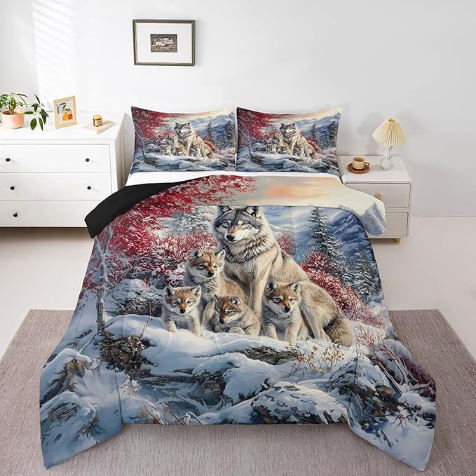 Wolf Family Comforter Sets King Size,Animal Wolves Printed Bedding Comforter Sets,Winter Wildlife Quilt Sets for Adult Bedroom Decor,Watercolor Natural Landscape quilt set Insert with 2 Pillowcases