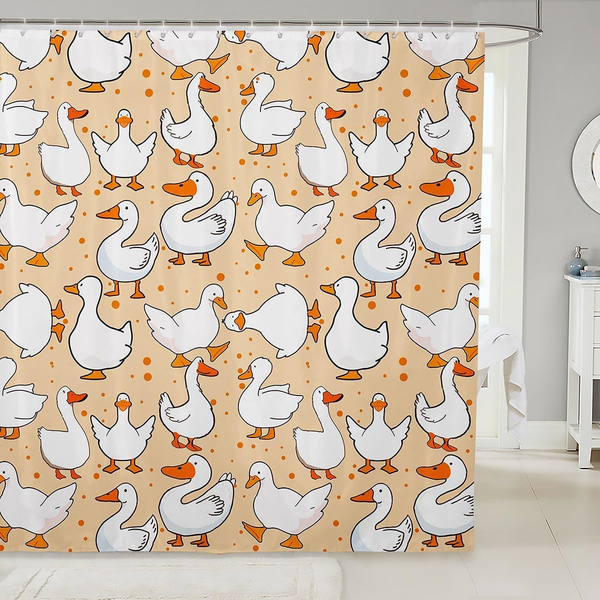 Homewish Cute Goose Shower Curtains,Cartoon Farmhouse Livestock Animal Bath Curtain,Kawaii Duck Hand Drawn Orange Waterproof Fabric Curtain with Hooks Bathroom Decor, 72Wx72L inch