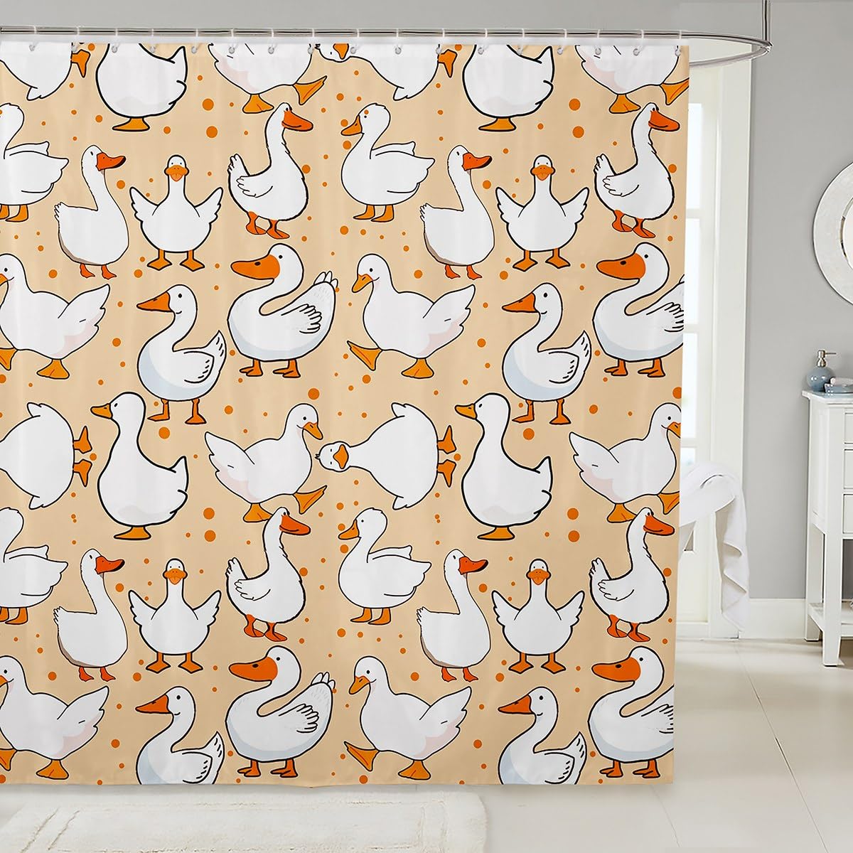 Homewish Cute Goose Shower Curtains,Cartoon Farmhouse Livestock Animal Bath Curtain,Kawaii Duck Hand Drawn Orange Waterproof Fabric Curtain with Hooks Bathroom Decor, 72Wx72L inch