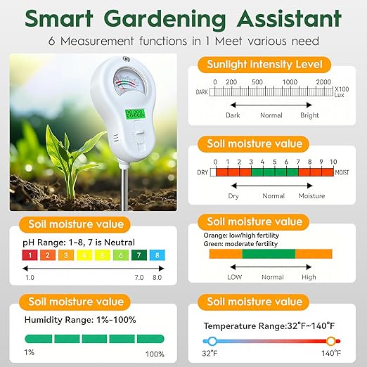 6-in-one Soil Test Kit-Soil Moisture Meter/PH Meter/Fertility/Sunlight Intensity Soil Tester, LCD Air Hygrometer&Temperature Moisture Meter for Plants-Garden, Lawn,Farm,1 Pack Detachable Probe