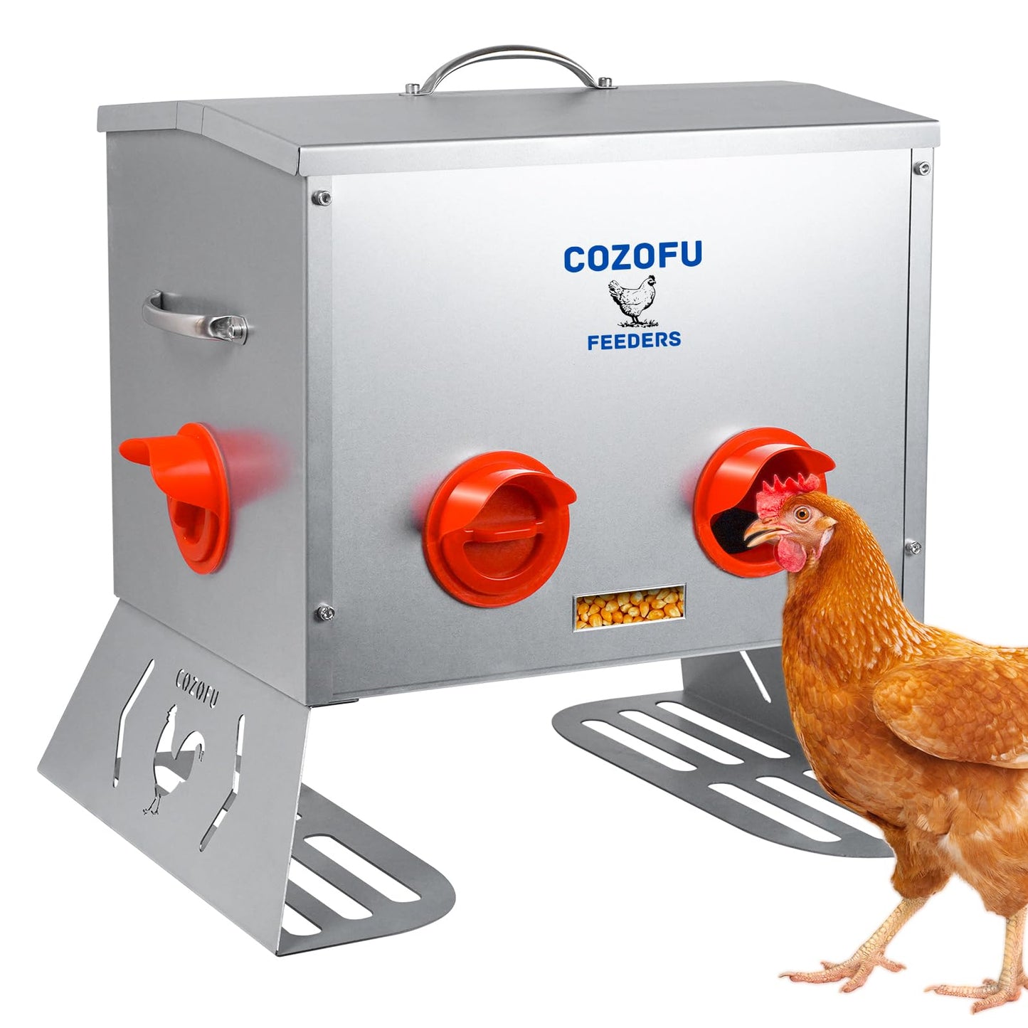 COZOFU 25 Pounds Automatic Chicken Feeder 6 Ports Large Gravity Fed Chicken Feeder with Transparent Window & Handle for Chickens Bantams Pheasants Poultry Coop Weatherproof