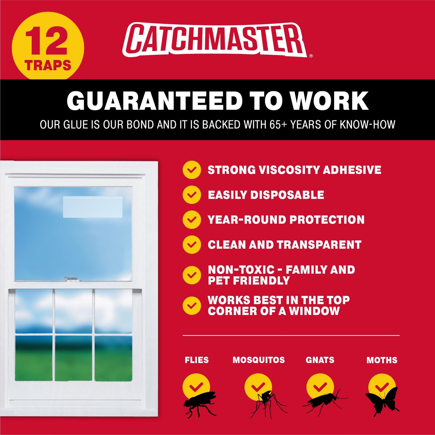 Catchmaster Window Fly Traps 12-Pack, Fruit Fly Traps for Indoors, Disposable Bulk Bug Catcher, Waterproof Insect Glue Trap, Adhesive Strips, Pet Safe Pest Control for Home, Kitchen, & Garage
