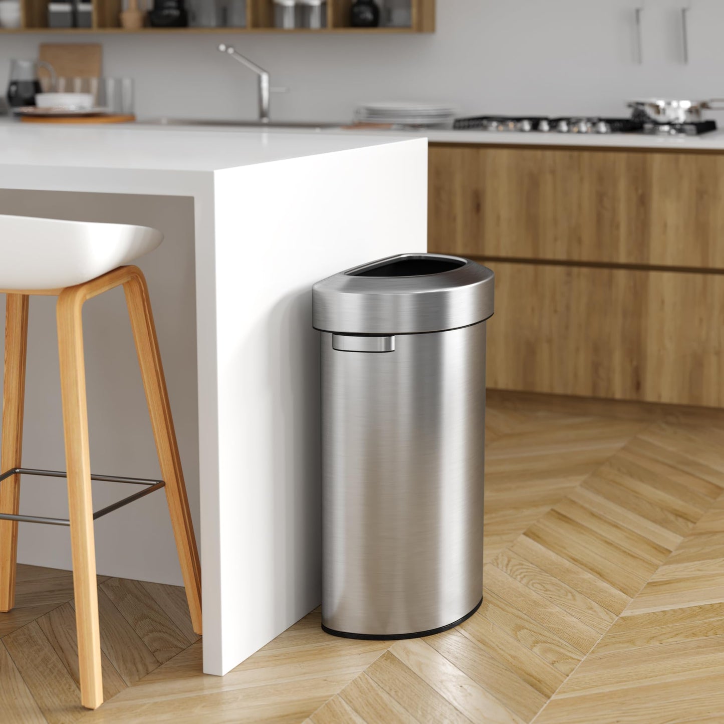 iTouchless 23 Gallon Stainless Steel Semi-Round Open Top Trash Can and Recycle Bin, 87 Liter, Slim and Space-Saving Design for Home, Office, Kitchen, Restaurant, Restroom, Large Capacity