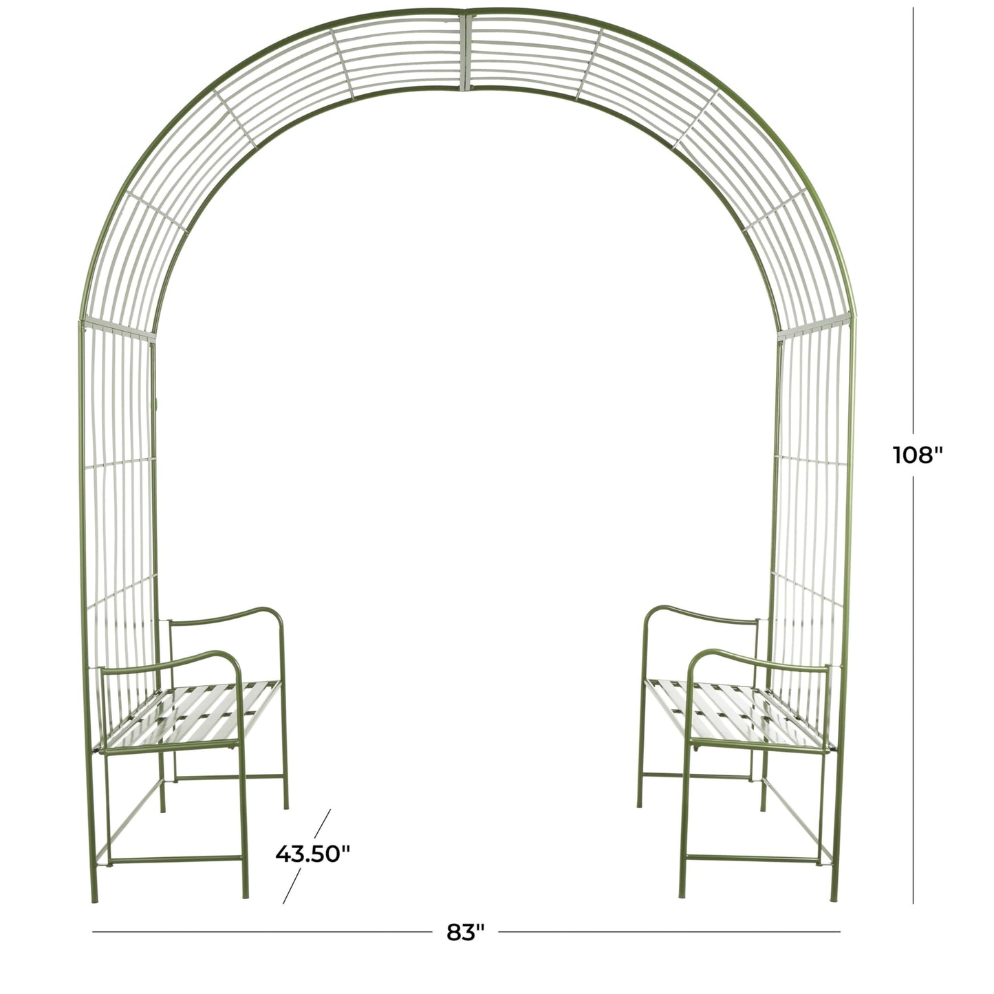 Deco 79 Metal Garden Arbor Large Arched with 2 Attached Benches, 83" x 44" x 108", Green