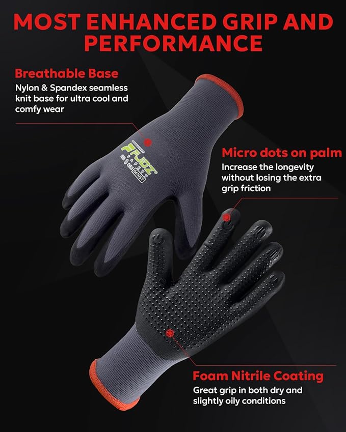 Work Gloves with Grip,12 Pairs Thin Breathable MicroFoam Nitrile Coated Durable Touchscreen Glove Men Women