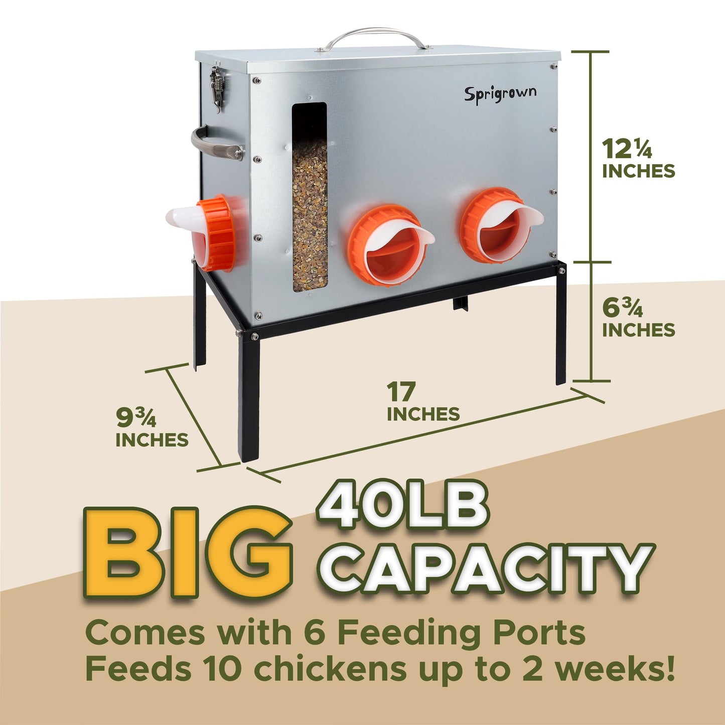 Metal Chicken Feeder 40lb, No Waste Automatic Chicken Feeder with Window, Galvanized Large Capacity Poultry Equipment, Rodent Proof, Rat Proof, Weatherproof Silo, Outdoor Coop, Comederos para Gallinas
