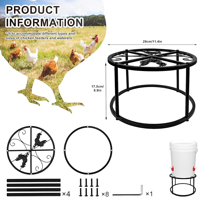 2-Pack Metal Stand for Chicken Feeder Waterer, Heavy Duty Round Iron Supports Rack for Buckets Barrels Equipped Installed with Feeder Waterer Port, for Coop Poultry Indoor Outdoor, Black