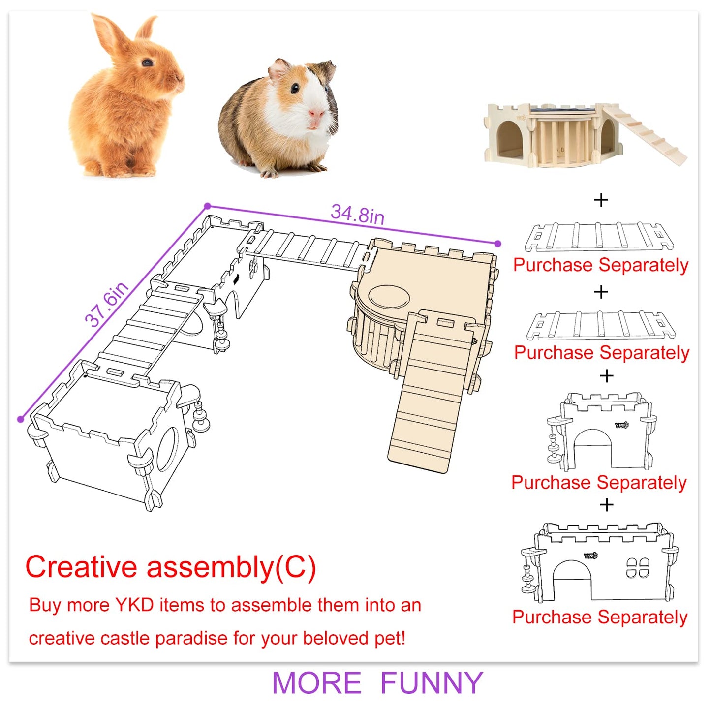 Large Guinea Pig Castle, Natural Wood Rabbit House with Ladder and Hay Feeder, Small Animal Hideout for Rabbit Guinea Pig Hedgehog Chinchilla