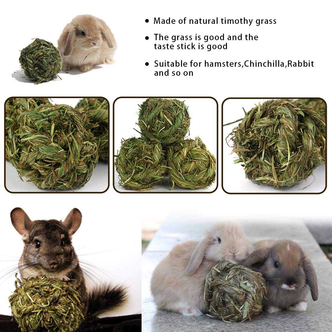 PINVNBY 6 Pack Rabbit Chew Grass Balls,Natural Timothy Woven Bunny Hay Ball Teeth Grinding Activity Play for Hamster Chinchillas Gerbils Guinea Pigs and Other Small Animal