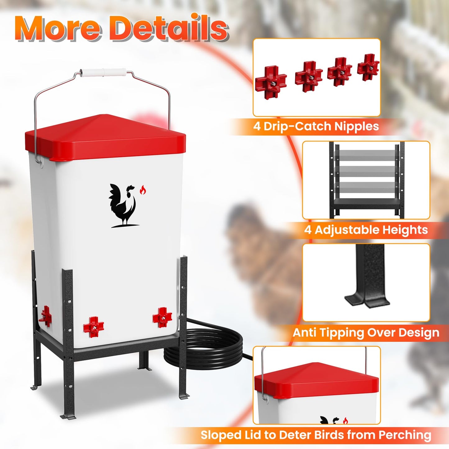 Heated Chicken Waterer, 3.2 Gallon Poultry Water Heater for Winter with 4 Horizontal Nipples, Thermostatically Controlled, 4 Adjustable Heights, Anti-Freezing Watering System for Coop Accessories
