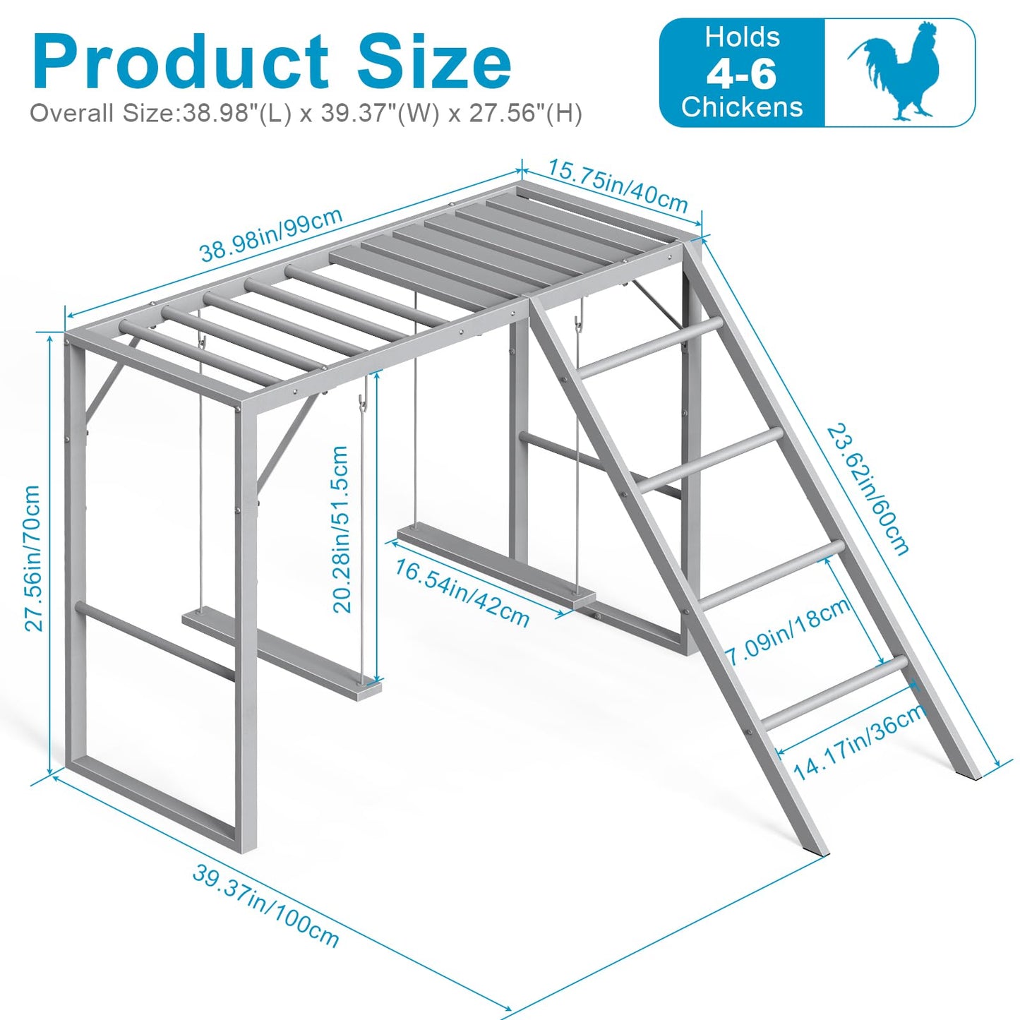 Chicken Perch with Swing Set, Roosting Bars for Chickens in Coop for Pet Chickens' Health and Happiness, Metal Chicken Toys Accessories for Backyard Farms, Light Gray