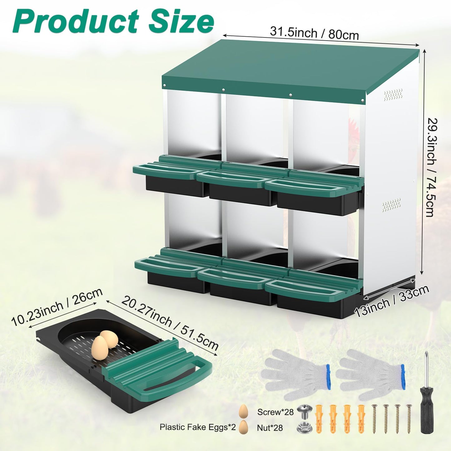 M METERXITY Chicken Nesting Box, 6 Compartments Metal Chicken Laying Boxes with Roll Out Egg Collection, Plastic Fake Eggs, Install Accessories and Gloves for Hens/Goose/Duck/Rabbit, Green