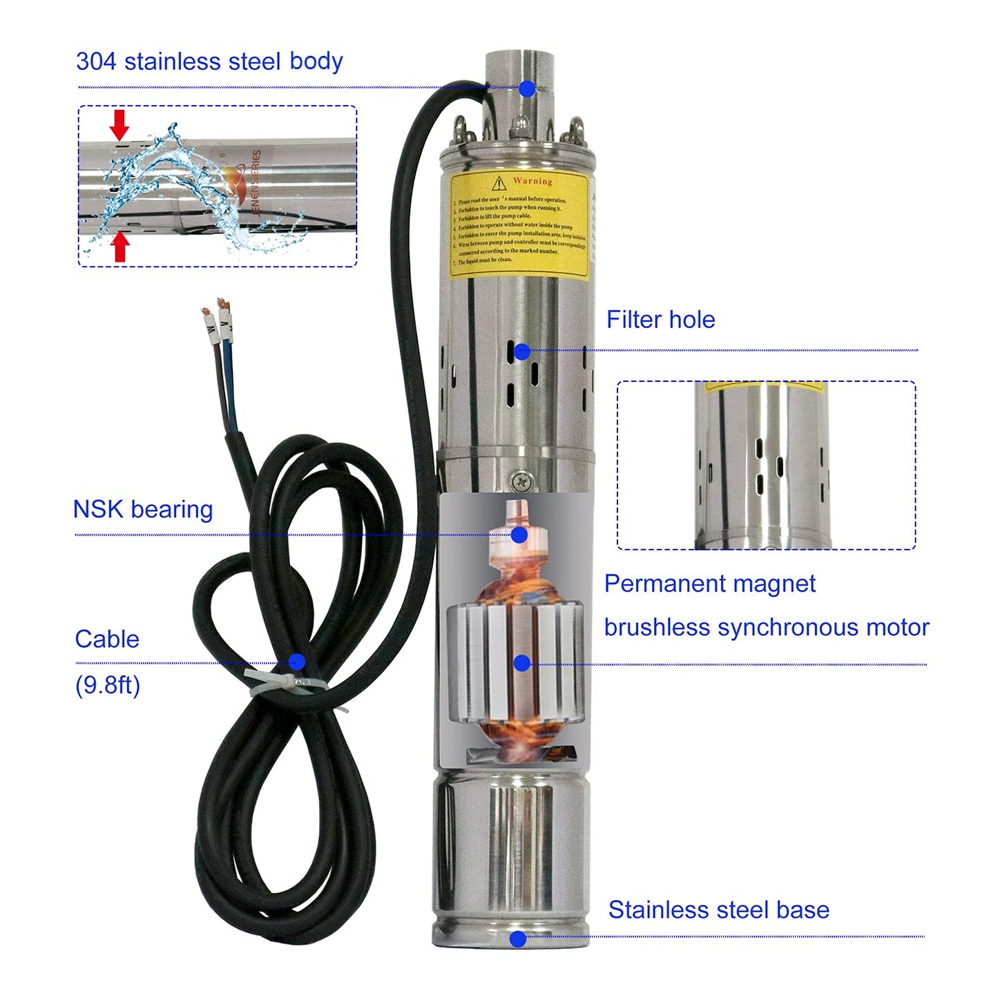 JENENSERIES Pump 500W DC 48V Solar Water Pumps, Max head 393ft,7.9GPM Flow，3 inch Solar deep well submersible Pumps with MPPT controller float switch kits for home or farm
