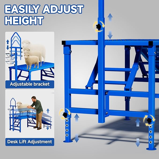 Professional Goat Milking and Trimming Stand with Ramp, Sheep and Goat Grooming Platform, Livestock Care Equipment (Blue with Ramp)