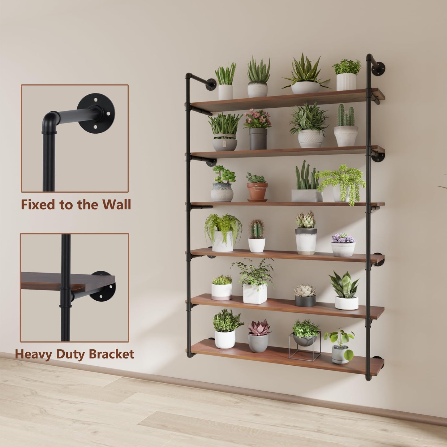 ONOTETUT 6 Tier Industrial Pipe Shelves with Wood Planks, 48 inch Iron Pipe Shelving, Retro Wall Mounted Bookshelf, Floating Bar Shelves for Kitchen,Living Room