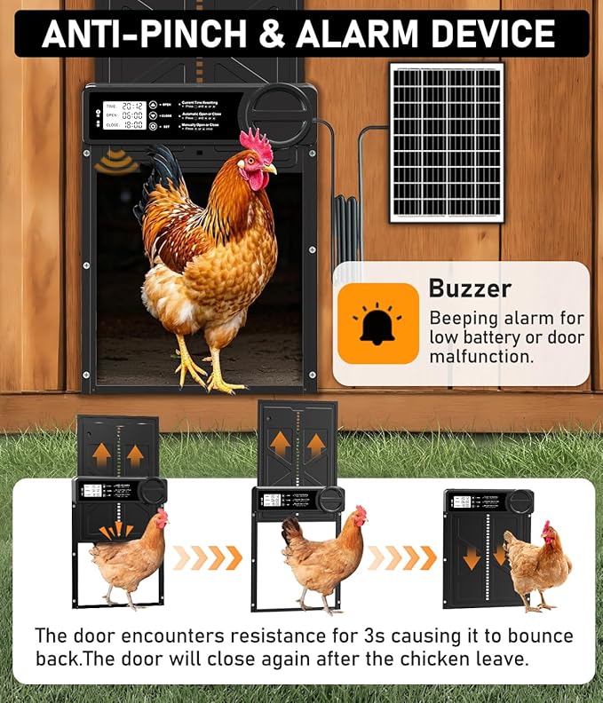 Large Size Automatic Chicken Coop Door Solar Powered - Timer/Manual Mode, Solar Chicken Coop Door Anti-Pinch, Aluminum Alloy Chicken Door | Higher Battery Capacity | 20M Remote Control
