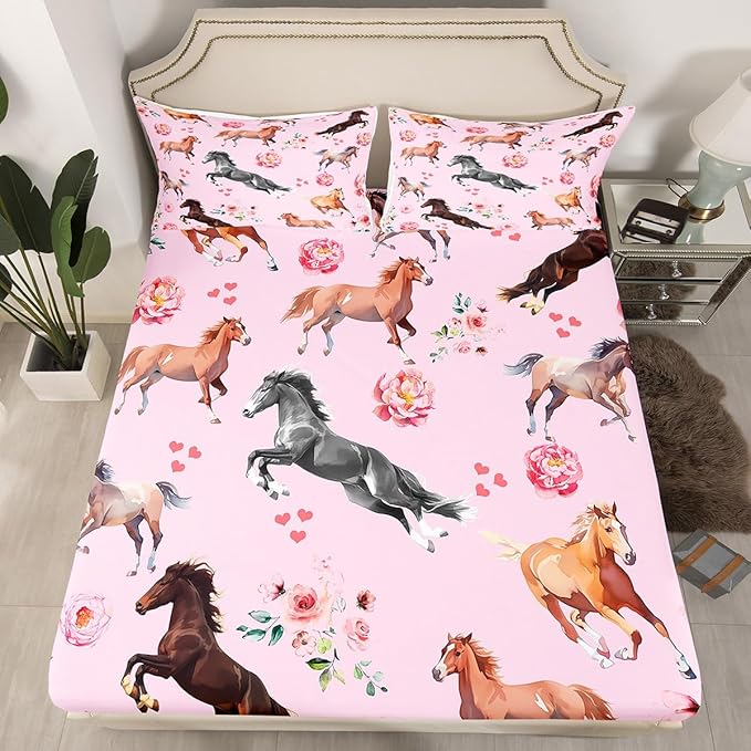 Horse Sheet Set for Girls,Kawaii Farmhouse Horse Print Bed Sheets Queen for Cowboy Cowgirl,Rustic Wild Animal Bedding Set,Watercolor Rose Flowers Leaves Fitted Sheet + Flat Sheet + 2 Pillowcases