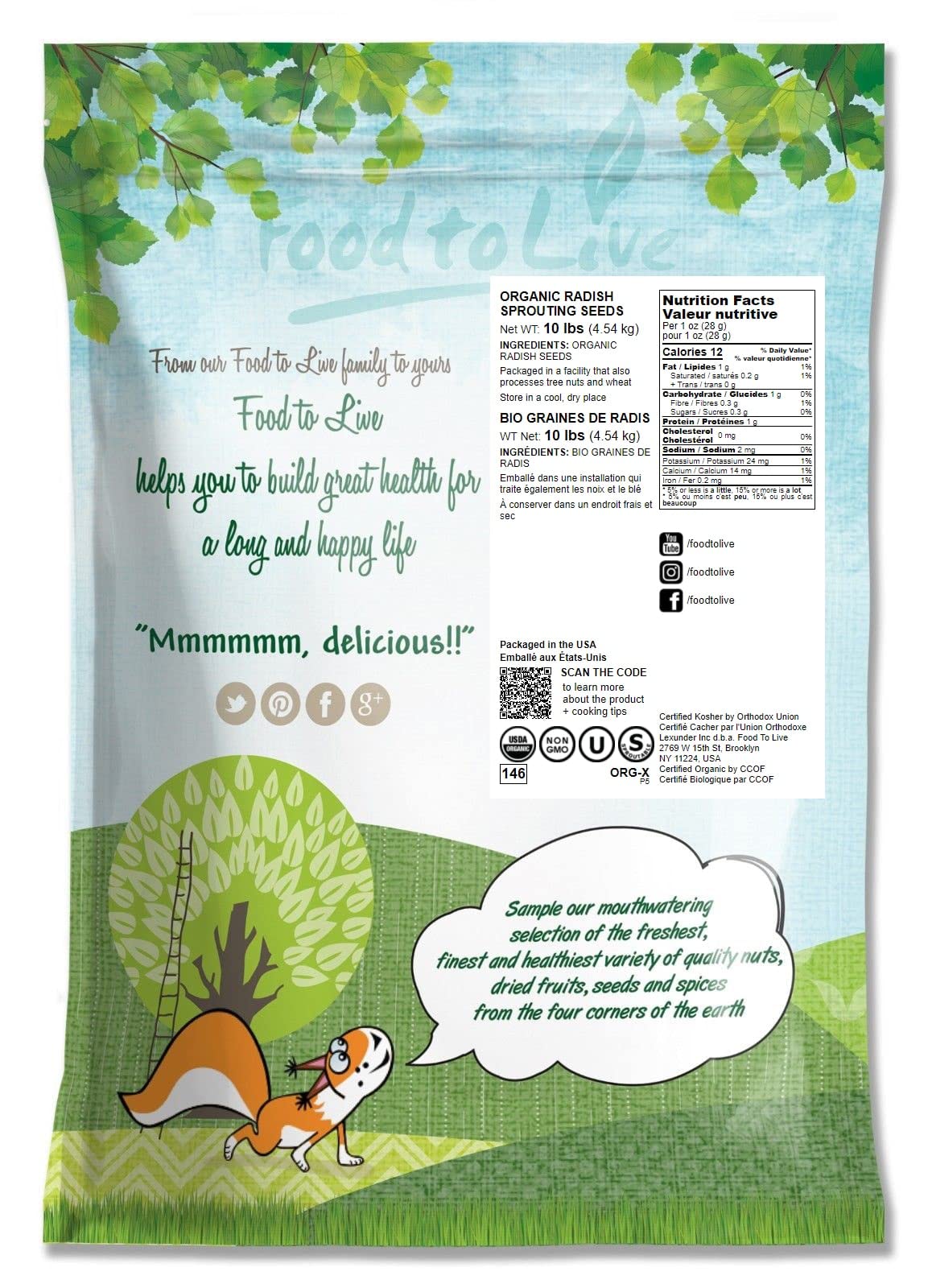 Food to Live Organic Radish Seeds for Sprouting, 10 Pounds - Non-GMO, Edible Seeds, Vegan, Kosher, Bulk. Spicy Flavor. Rich in Vitamin C. High Germitation Rate. Grow Sprouts, Microgreens for Rolls.