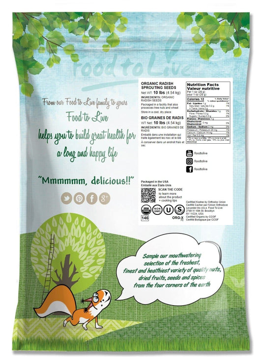 Food to Live Organic Radish Seeds for Sprouting, 10 Pounds - Non-GMO, Edible Seeds, Vegan, Kosher, Bulk. Spicy Flavor. Rich in Vitamin C. High Germitation Rate. Grow Sprouts, Microgreens for Rolls.