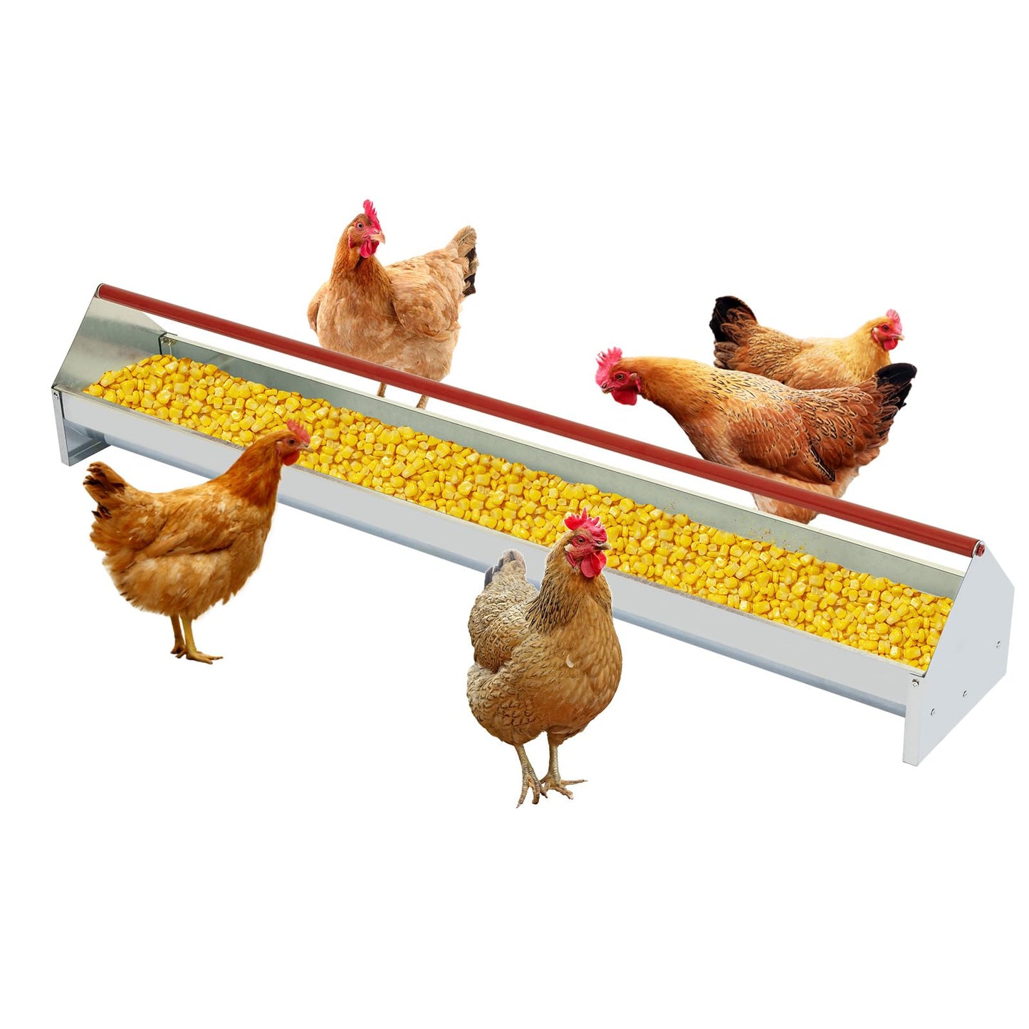 Chicken Feeding Trough 45", Heavy Duty Galvanized Steel Poultry Feeder with Red Crossbar & Drainage Holes, Large Capacity Feeder Trough for Chicken, Duck, Goose, Turkey, Rabbit, Pigeon
