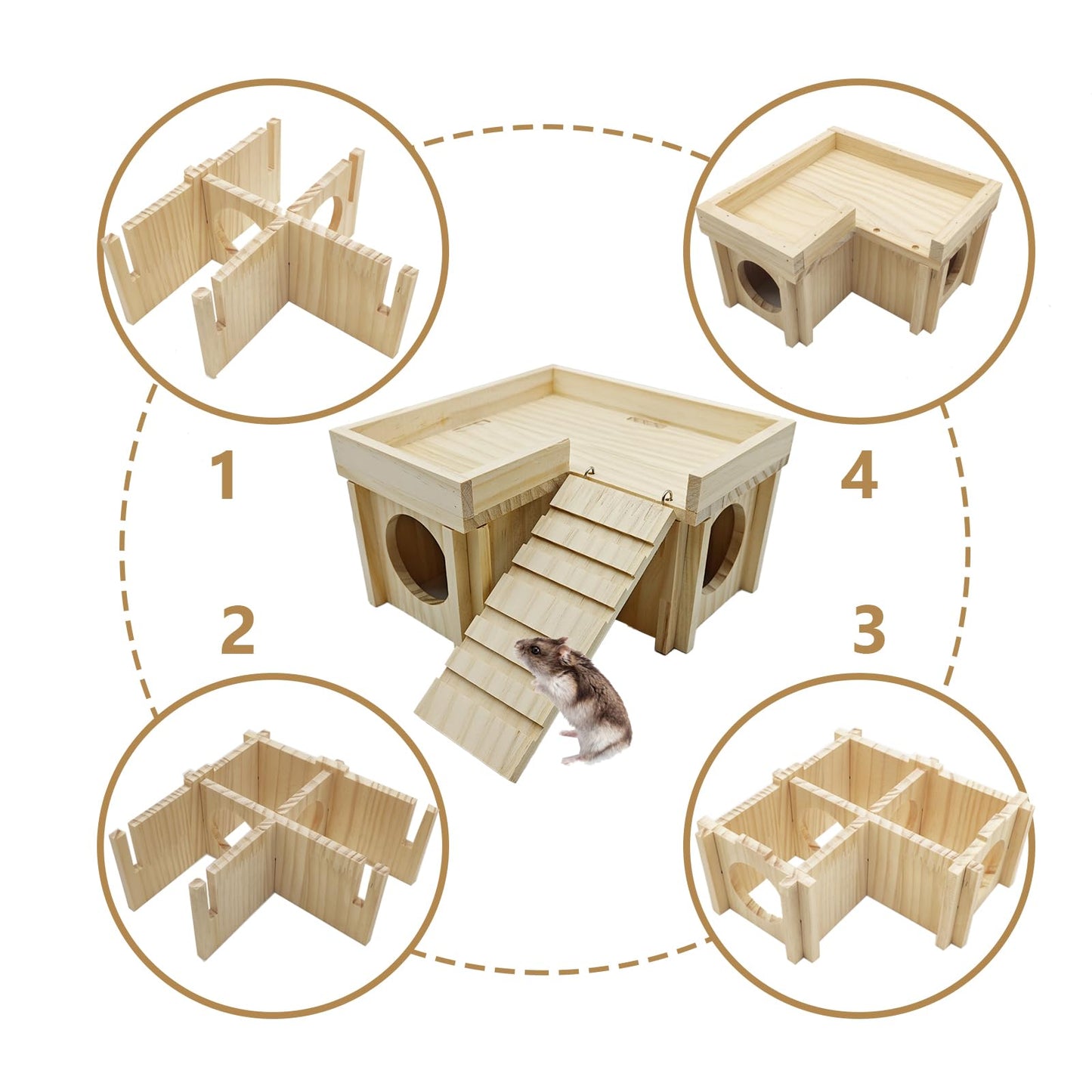 Wooden Hamster Hideout Hamster Wood House with Ladder Hides Platform Decor Detachable Small Animals Cage Accessories for Rat Gerbils and Other Small Pets