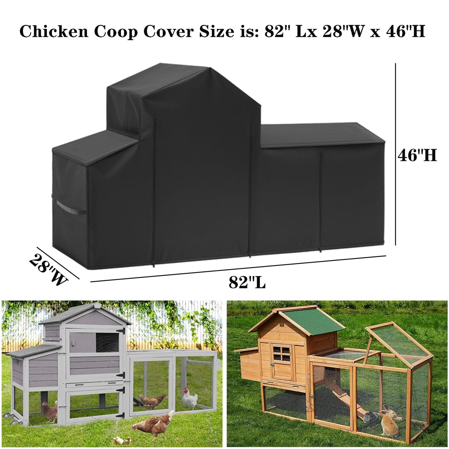 Chicken Coop Cover Waterproof for Outdoor 600D Oxford Small Chicken House Cage Cover with Zipper Doors (Fits 82" x 28" x 46") Suitable for Duck Coop and Rabbit Coop