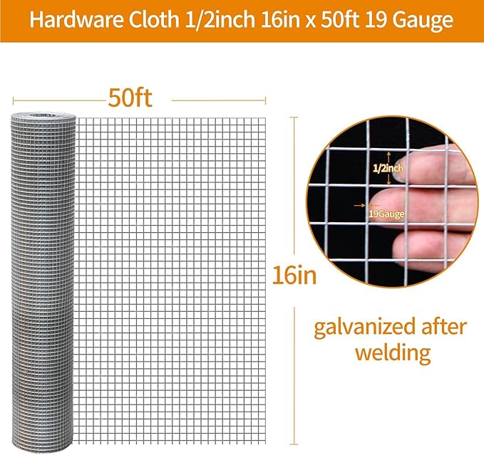 1/2inch 16"x50' Galvanized Hardware Cloth, 19Ga Hot-Dip Welded Chicken Wire Fencing Roll Preventing Snakes, Raccoons and Foxes