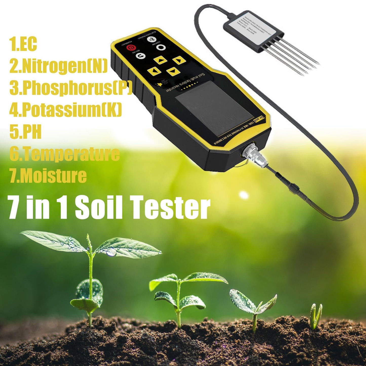 7 in 1 Soil Tester, Nitrogen Phosphorus Potassium NPK Tester, Handheld Soil PH Meter Kit, Temperature, Conductivity, Moisture, EC Meter for Petrochemical, Agriculture