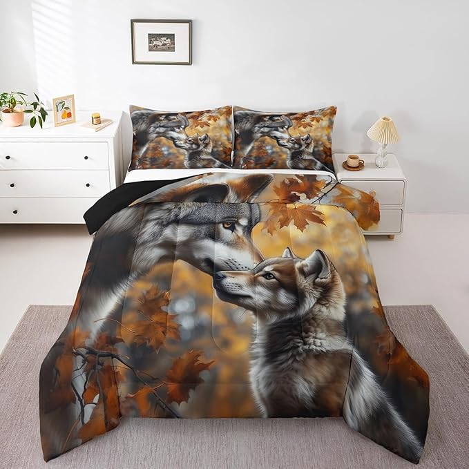 Wolves Toddler Bedding Set for Adults,Jungle Safari Animal Comforter Set Bed Set Men Bedroom Decor,3D Wolf Family 2 Pieces Quilt Set,Autumn Botanical Plants Quilt Set Insert,1 Pillow Case
