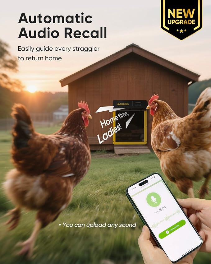 LARKBIRD Automatic Chicken Coop Door with Audio Recall Function, Solar Chicken Coop Door with Timer & Light Sensor, App Control Chicken Door with Anti-Pinch System (Yellow)