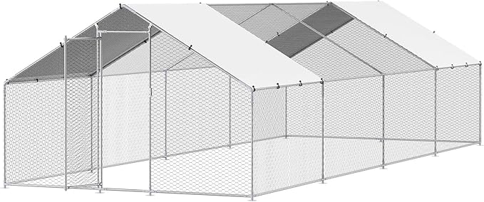 VEVOR Large Metal Chicken Coop with Run, 9.8x26.5x6.5 ft Walk-in Chicken Runs for Yard with Cover, Spire Roof Hen House with Security Lock for Outdoor and Backyard, Farm, Duck Rabbit Cage Poultry Pen
