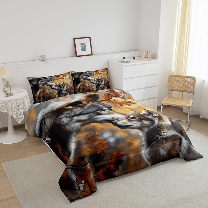 Wolves Toddler Bedding Set for Adults,Jungle Safari Animal Comforter Set Bed Set Men Bedroom Decor,3D Wolf Family 2 Pieces Quilt Set,Autumn Botanical Plants Quilt Set Insert,1 Pillow Case