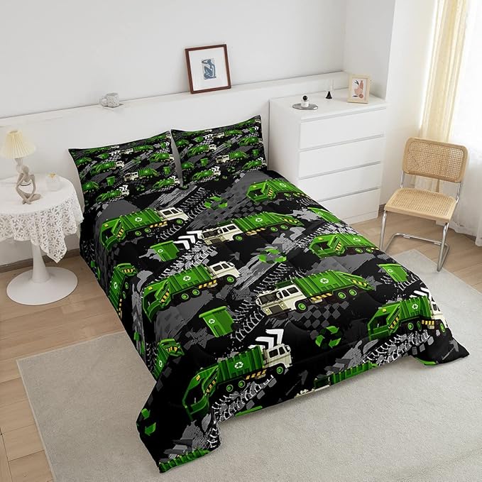 Garbage Truck Full Size Comforter Set,Hippie Tire Print Bedding Sets Youth Teens,Powered Waste Management Brushed Microfiber Soft Bedding Comforter