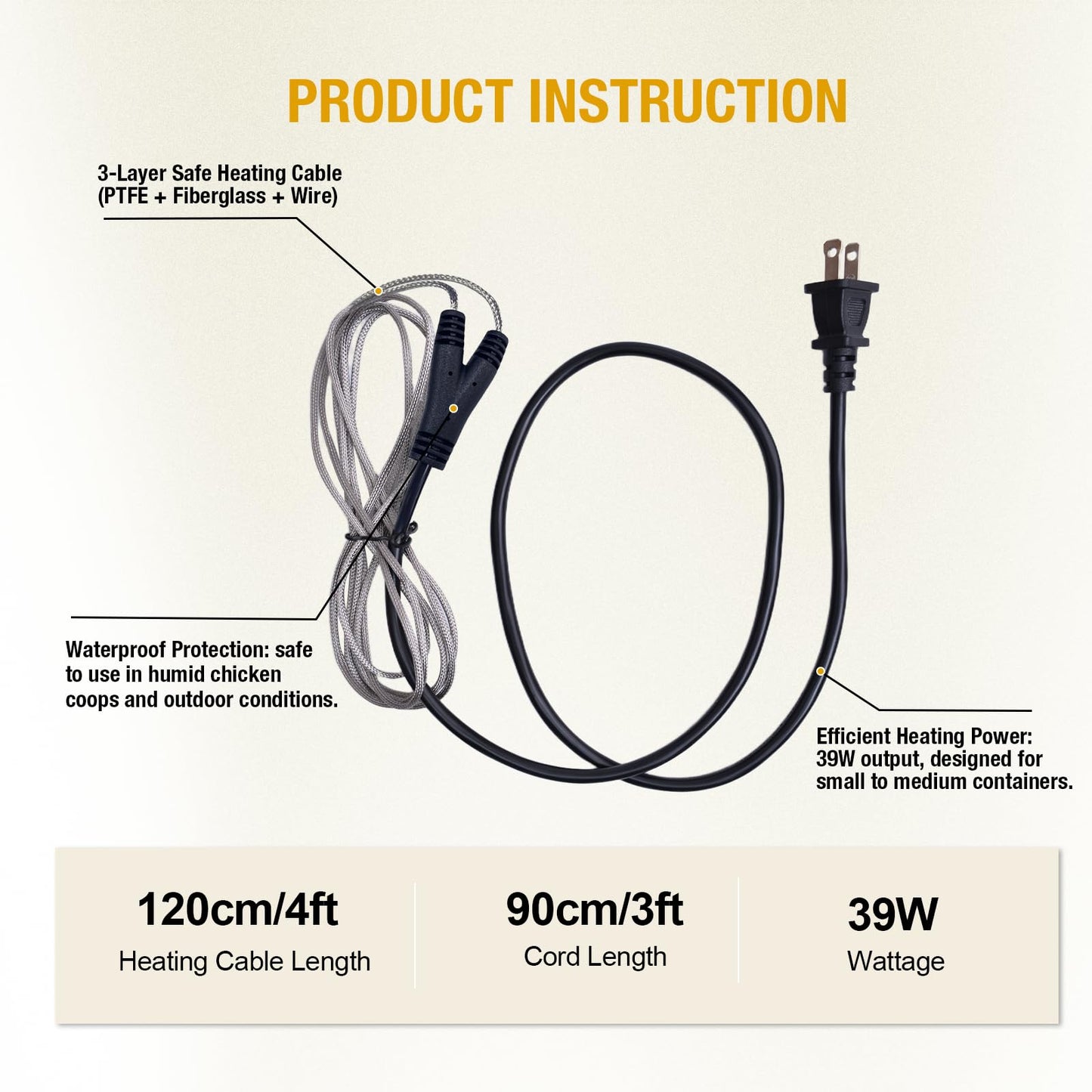 comincia Chicken Water Heater Cord,39W Heated Chicken Waterer for Winter to Prevent Water Freezing,Poultry Water Heater for Chickens, Ducks & Other Small Animals -1Pack (Waterer Not Included)