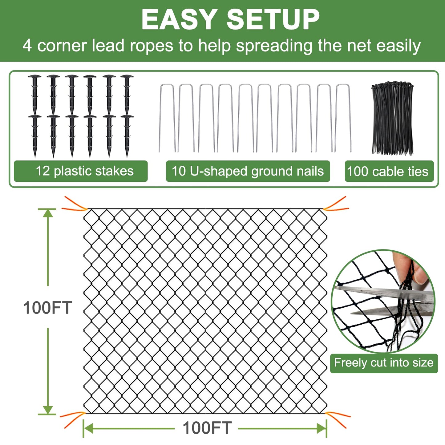 Bird Netting - 100’ x 100’ Poultry Netting with 1” Square Mesh for Chicken Coop, Bird Netting for Garden Protection, Heavy Duty Nylon Garden Mesh Netting for Fruit Tree Against Aviary, Deer, Squirrel