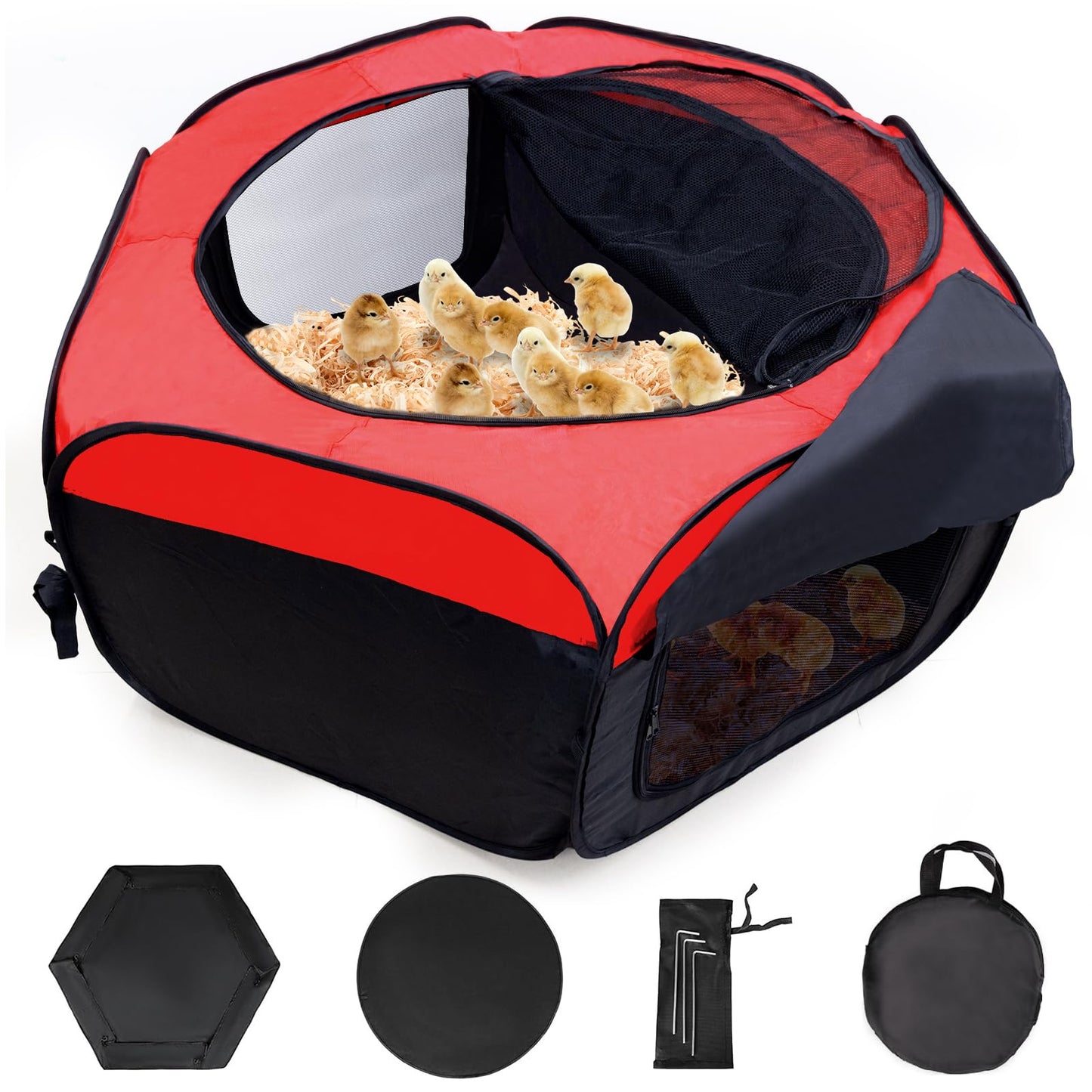 Chick Brooder Box-Chicken Brooder Playpen/Tent with Dual Door, Pop-Up Brooder Box Perch Up to 17 Baby Chick, Kit with Storage Bag, Top Cover, Fixed Pegs, Waterproof Mat(Red and Blue Randomly)