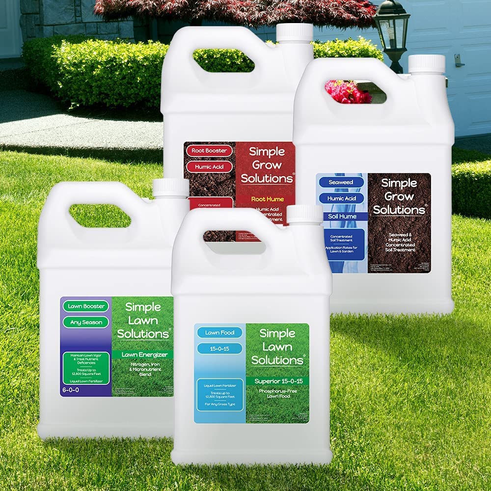Lawn Energizer Nitrogen & Iron (1 Gallon) and 15-0-15 Lawn Food (1 Gallon) and Root Hume (1 Gallon) and Seaweed Soil Hume (1 Gallon) - Simple Lawn Solutions