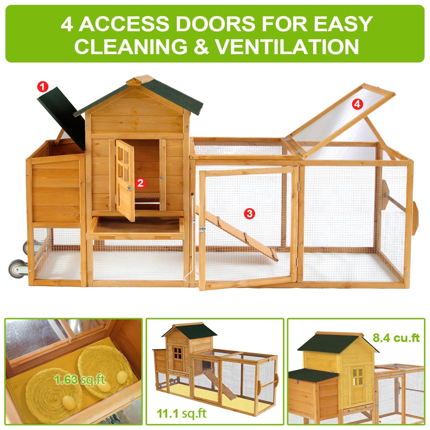 ECOLINEAR Large Chicken Run, Waterproof Outdoor Hen House with Acrylic Top for 4-6 Chickens(Can be Used as a Separate Chicken coop), Chicken House, Wooden Duck Coop Rabbit Hutch(50")