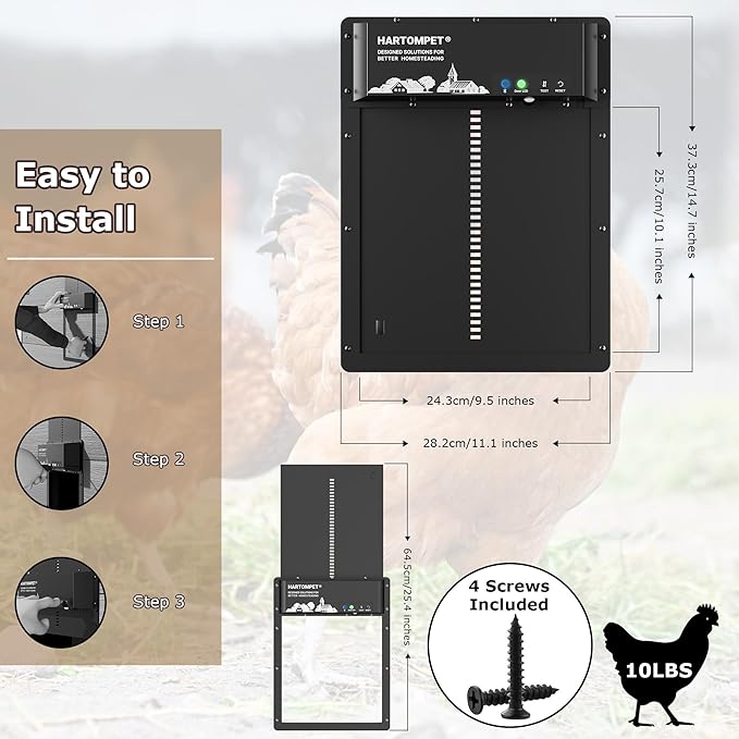 Automatic Chicken Coop Door – Programmable with App, Battery/Solar Panel/Grid Operated, Multiple Anti-Pinch w/Resistance Detection & Motion Sensor, Plug&Play Electric Aluminum Chicken Door