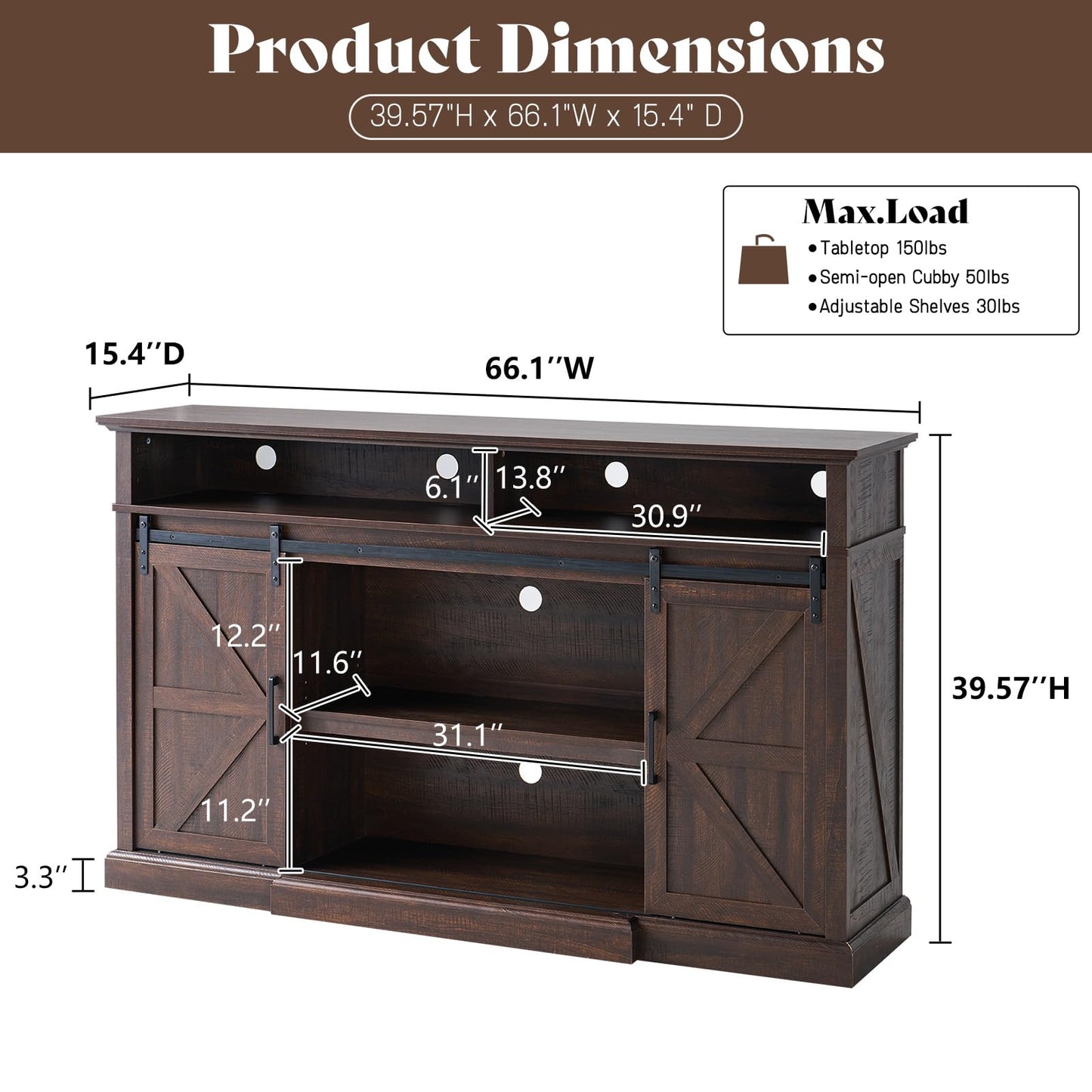 LUXOAK 66" Farmhouse TV Stand for 75 Inch TVs, 40" Tall Entertainment Center with Sliding Barn Doors, Rustic Media Console Table Storage Cabinet with Adjustable Shelves, Living Room, Sawdust Brown