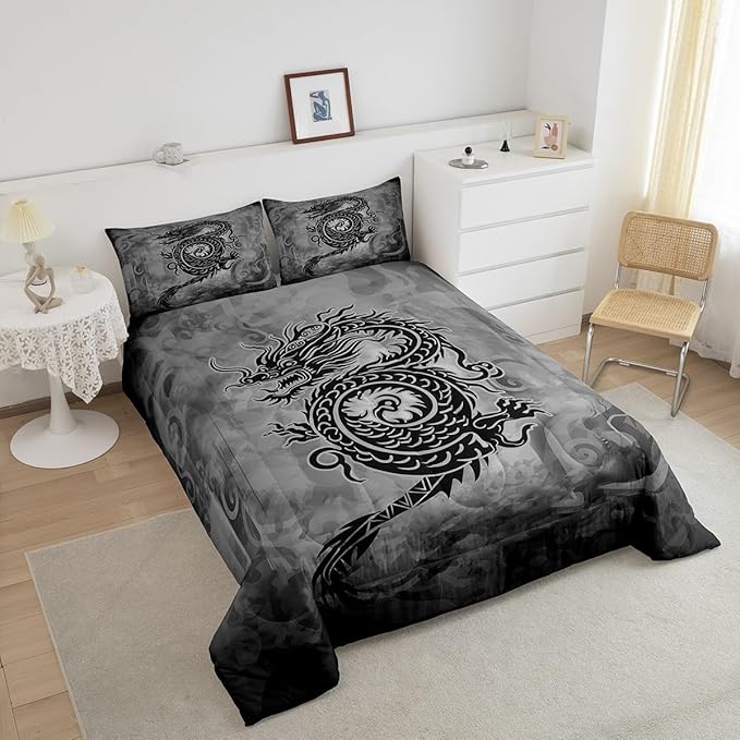 Castle Fairy Dragon Comforter Set,Exotic Chinese Style Wildlife Animal Bedding Set Kids Teens Modern Decor,Vintage Black Gray Graffiti Comforter with 1 Pillowcase for All Seasons,Twin